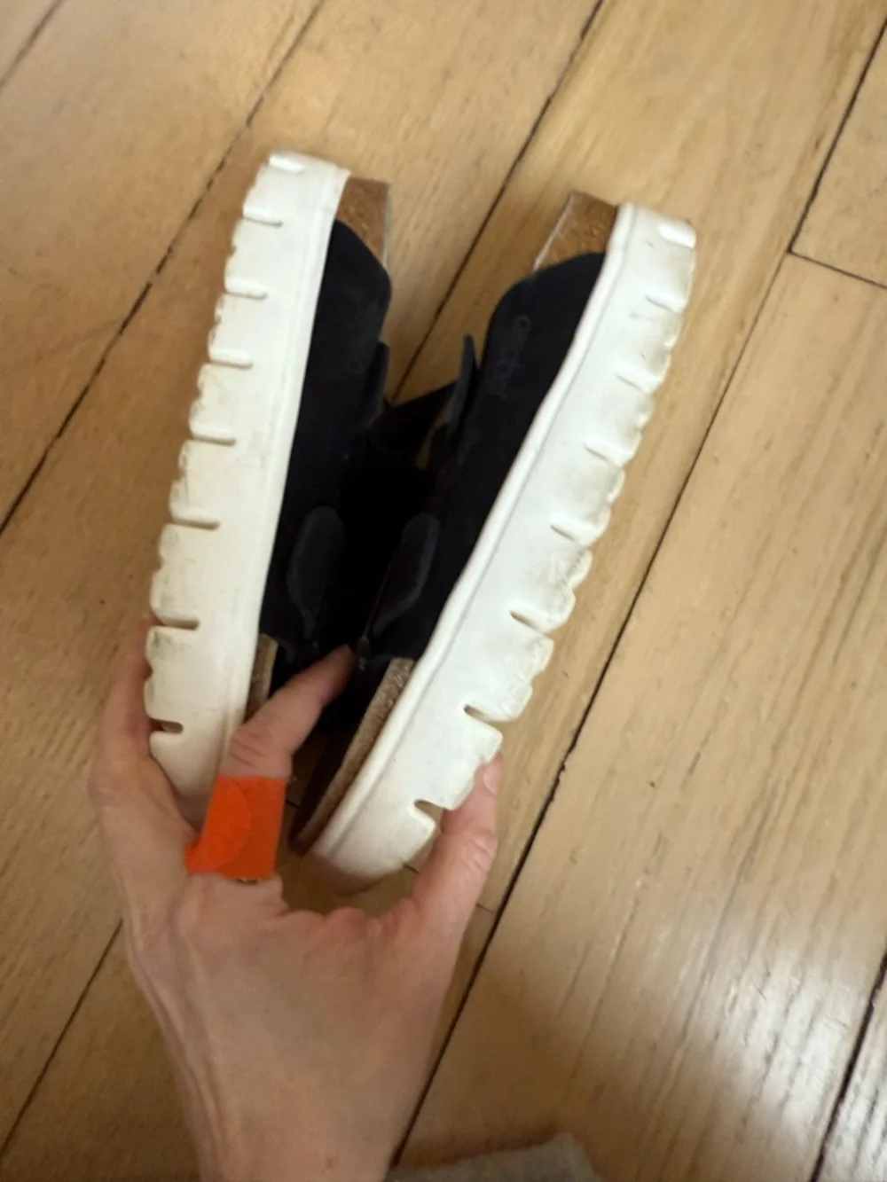 PAPILLIO BY BIRKENSTOCK WOMENS chunky Arizona slides white lug sole black suede - Picture 8 of 9